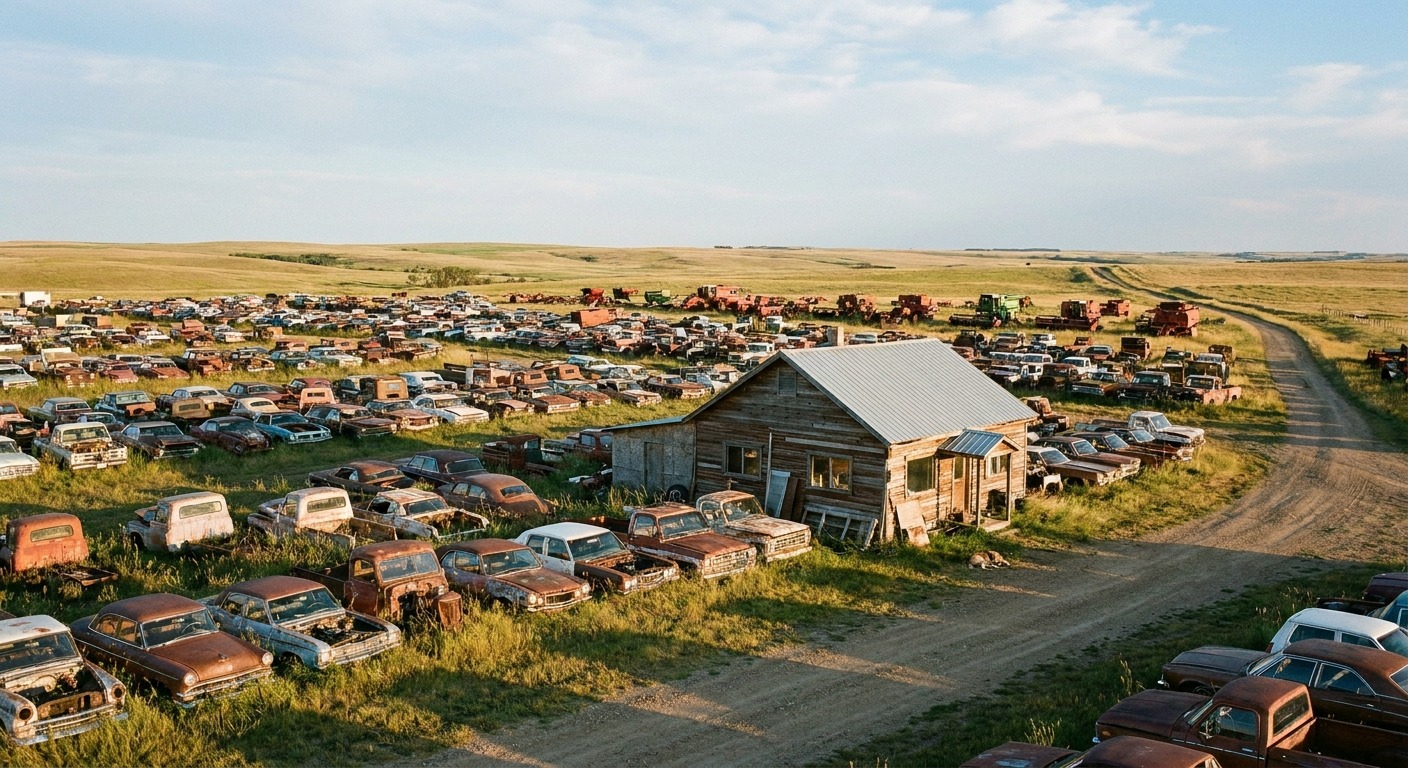 Large auto recycling operation on the Alberta prairies with organized vehicle rows
