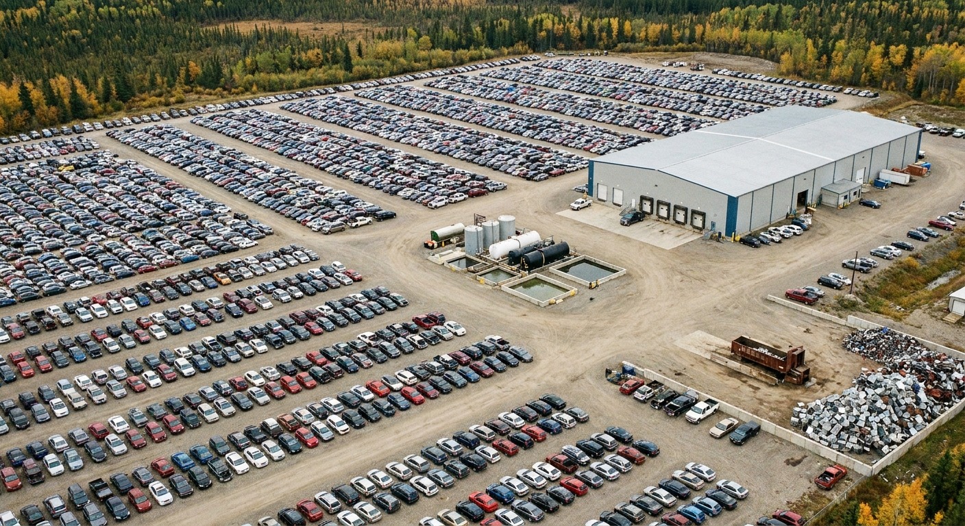 Aerial view of an organized modern salvage yard in Ontario