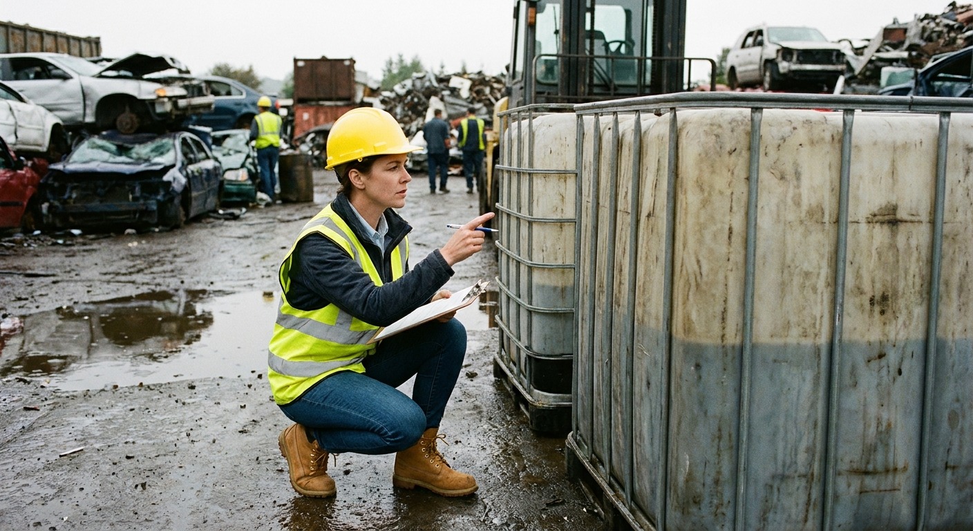Environmental auditor reviewing fluid containment systems at a certified auto recycling yard