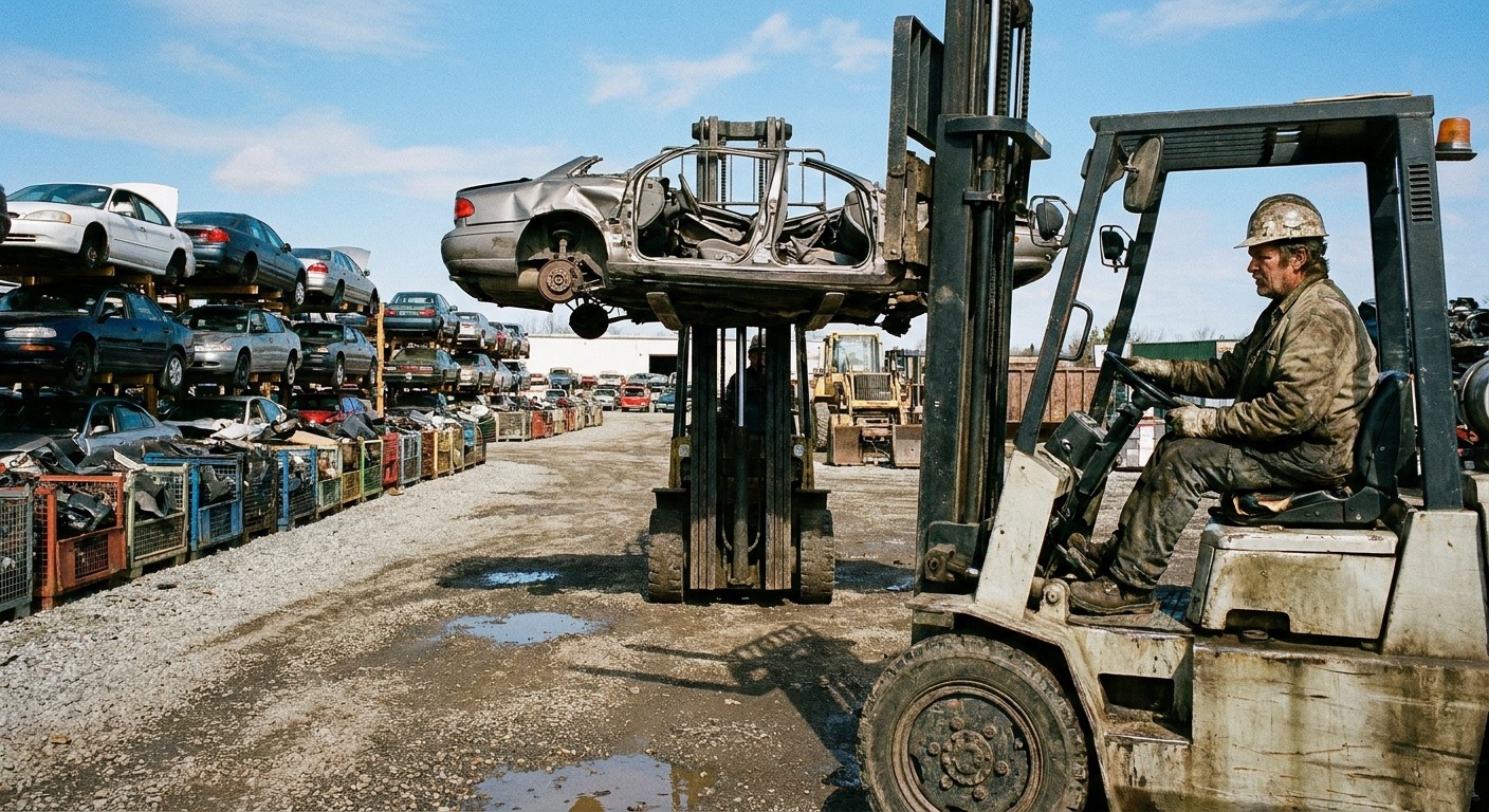 Worker using a hoist to pull an engine from a vehicle at a Canadian salvage yard