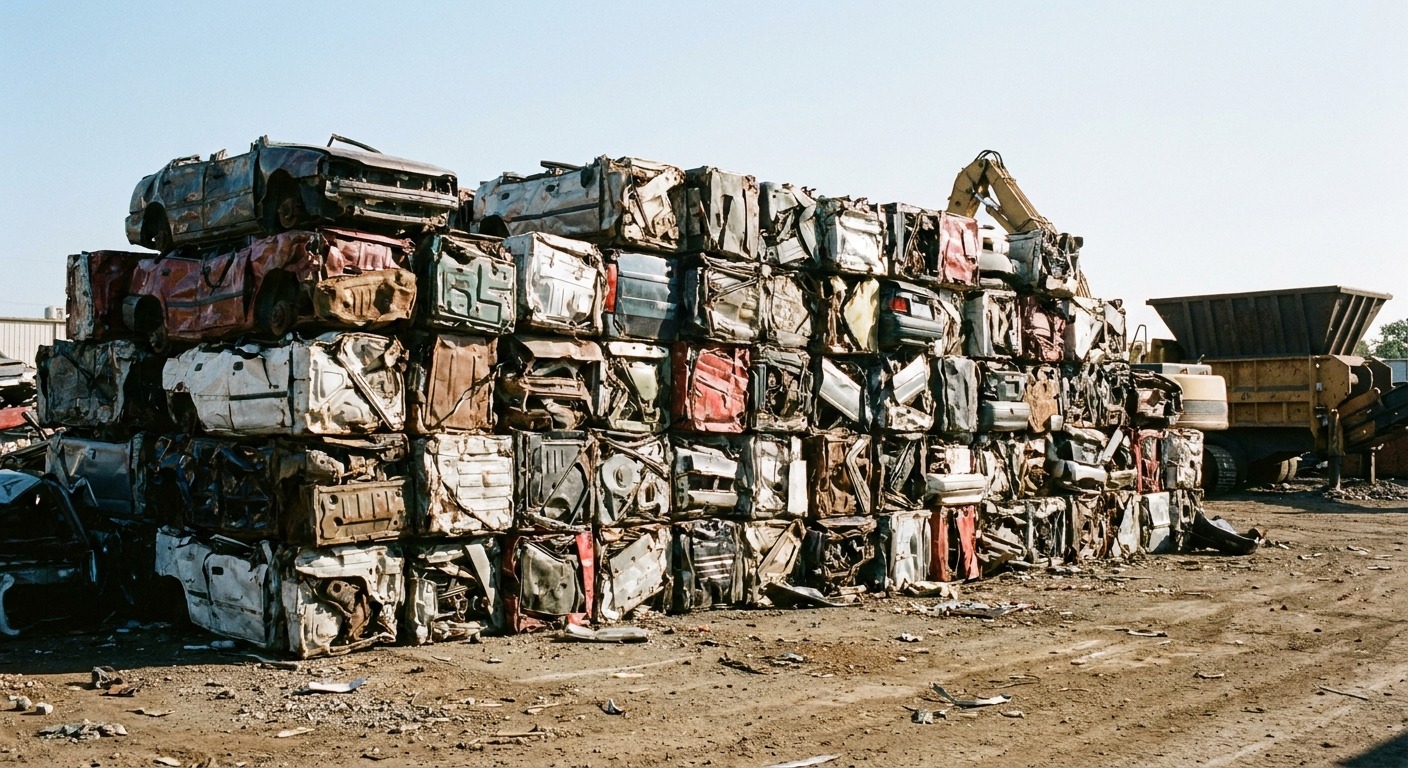 Crushed vehicle hulks stacked at a Canadian auto recycling facility awaiting shredding