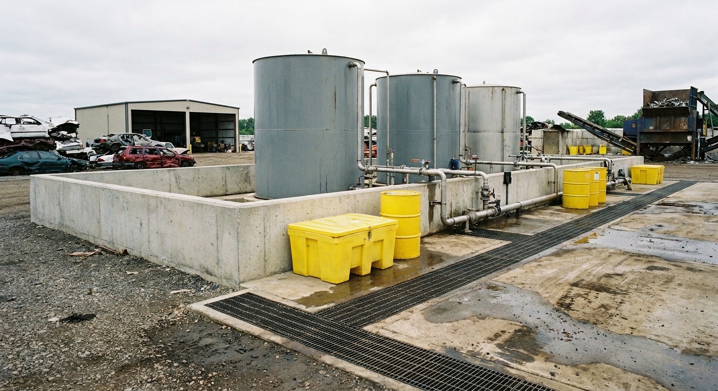 Sealed containment pad and fluid recovery system at a provincially licensed auto recycler
