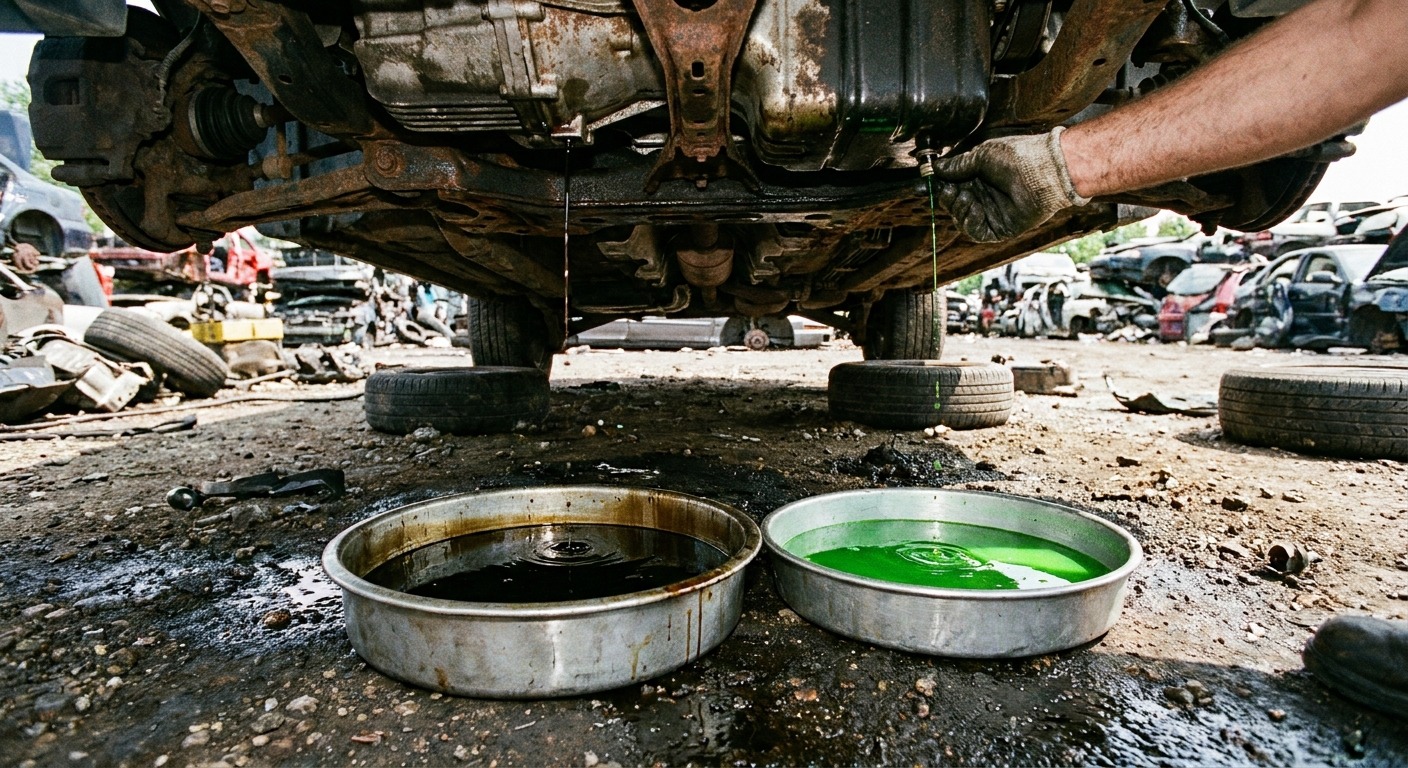 Fluid drainage station at an auto recycling facility showing collection containers for oil, coolant, and transmission fluid