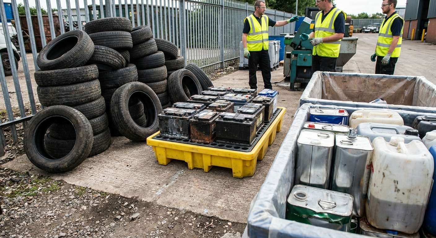 Rows of labeled fluid collection drums at a certified Canadian auto recycling facility