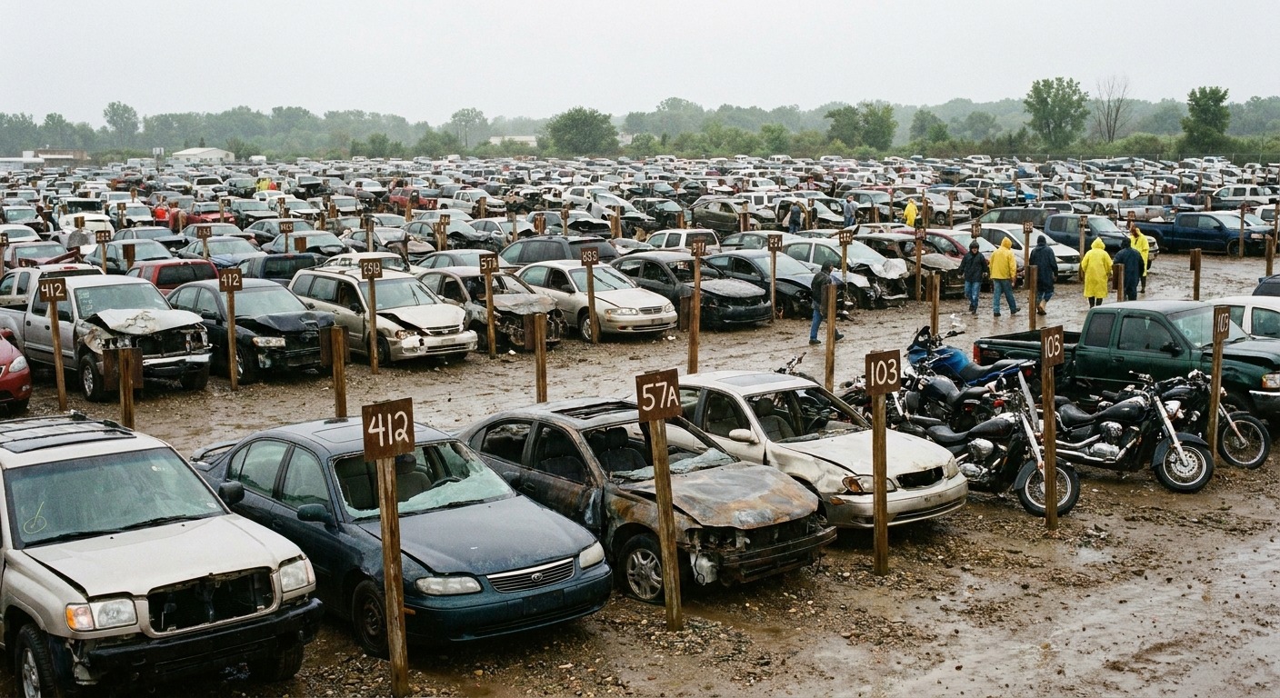 Rows of insurance write-off vehicles at a Canadian salvage auction lot