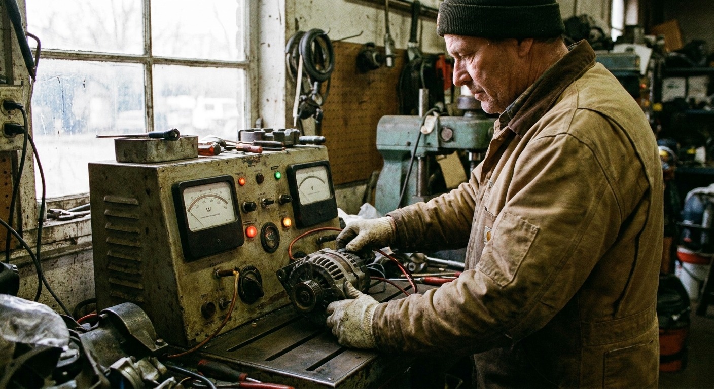Technician testing an alternator on a bench at a Canadian salvage yard