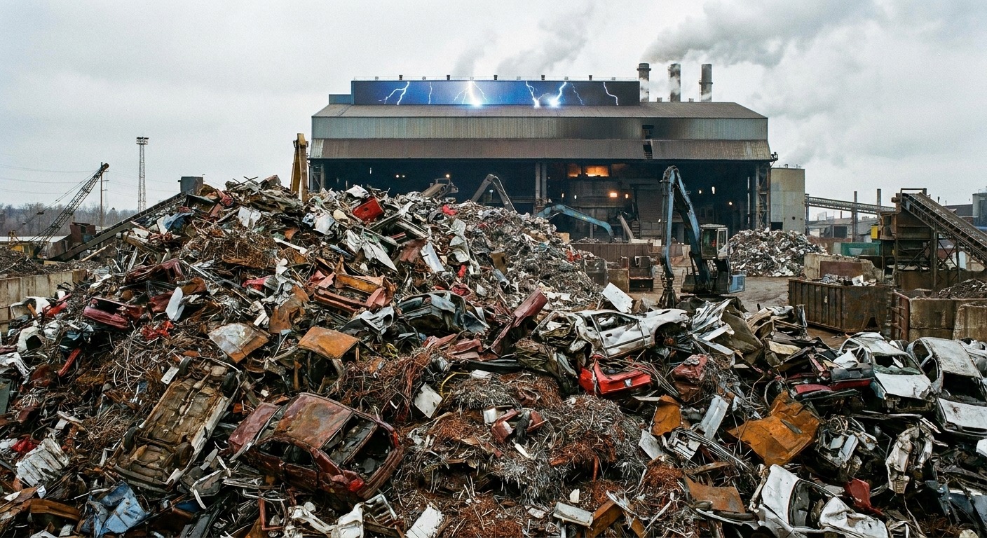 Stacked crushed cars at a Canadian auto recycling facility