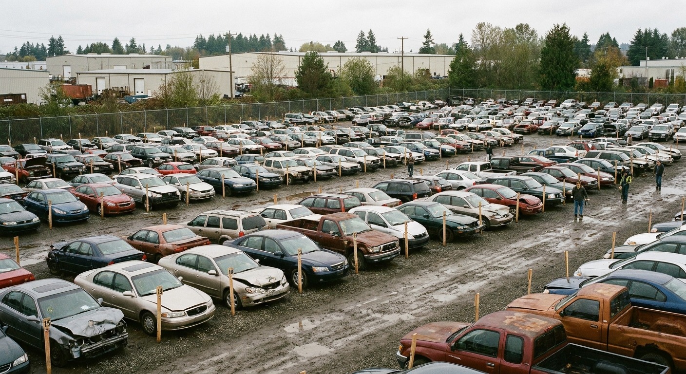 Aerial view of a salvage auction facility with hundreds of vehicles sorted in rows