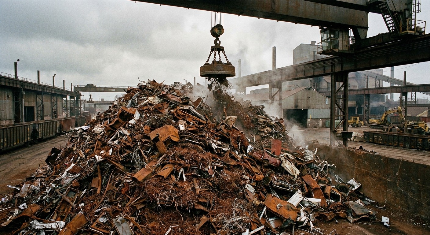 Pile of shredded ferrous auto scrap ready for shipment to an electric arc furnace steel mill