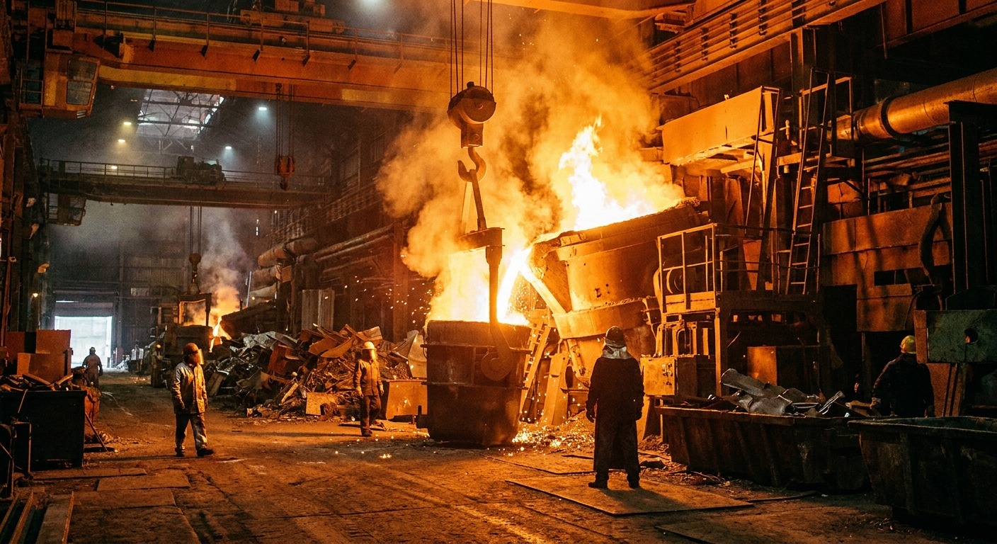 Electric arc furnace melting recycled steel scrap from automotive shredding operations