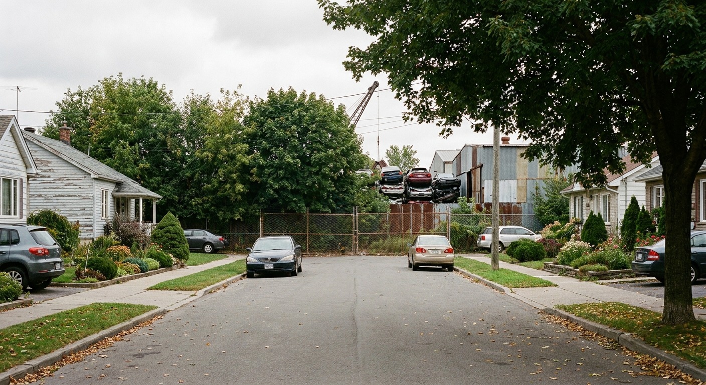 Row of stacked end-of-life vehicles at a screened salvage yard bordered by a tree line buffer