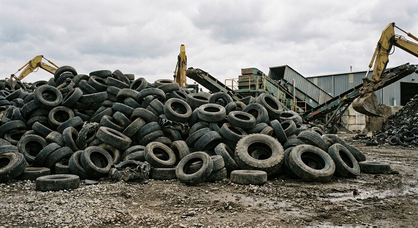 End-of-life tires from wrecked vehicles stockpiled for rubber crumb processing at a recycling facility