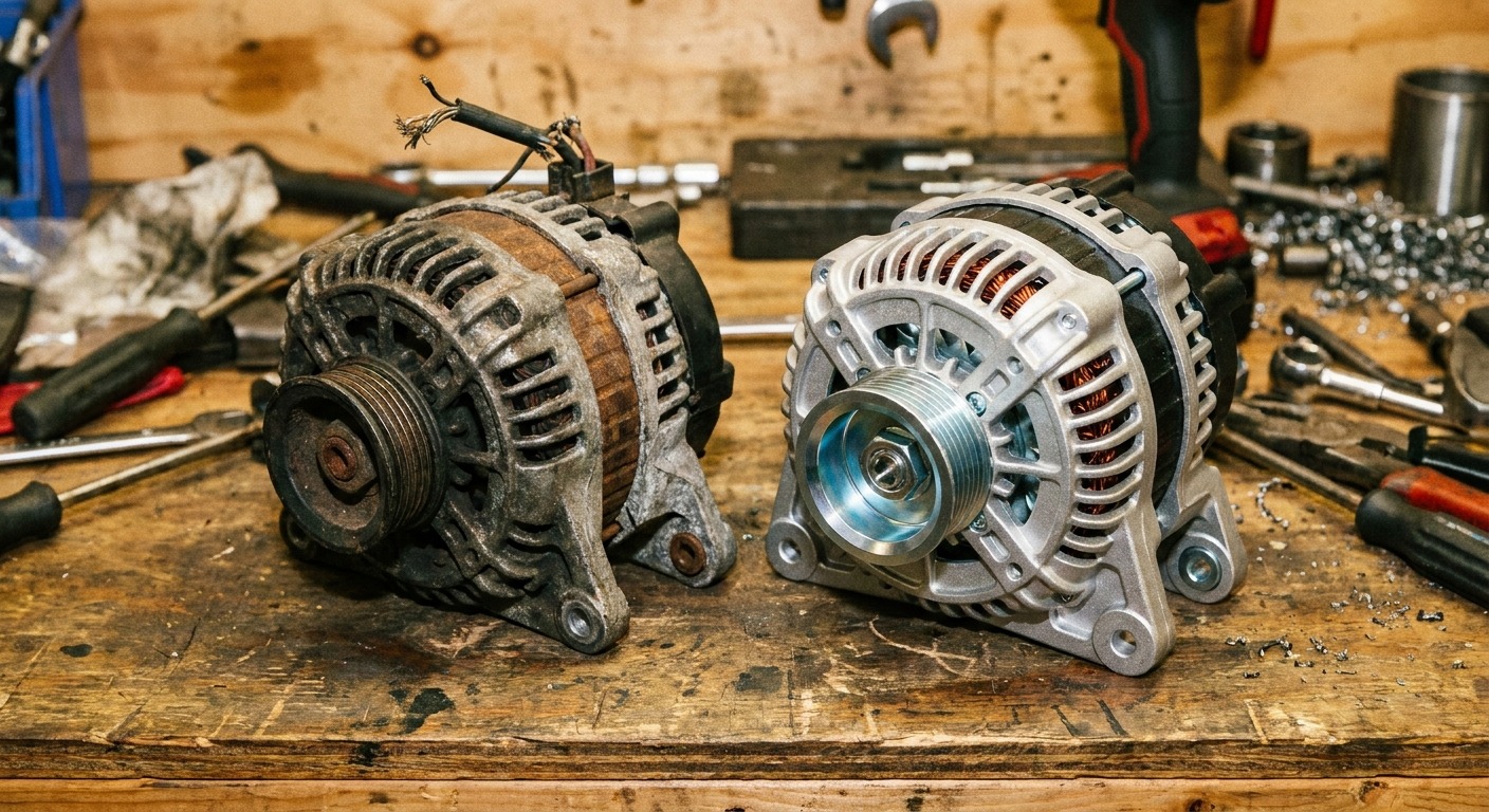 Used OEM alternator next to a new aftermarket one