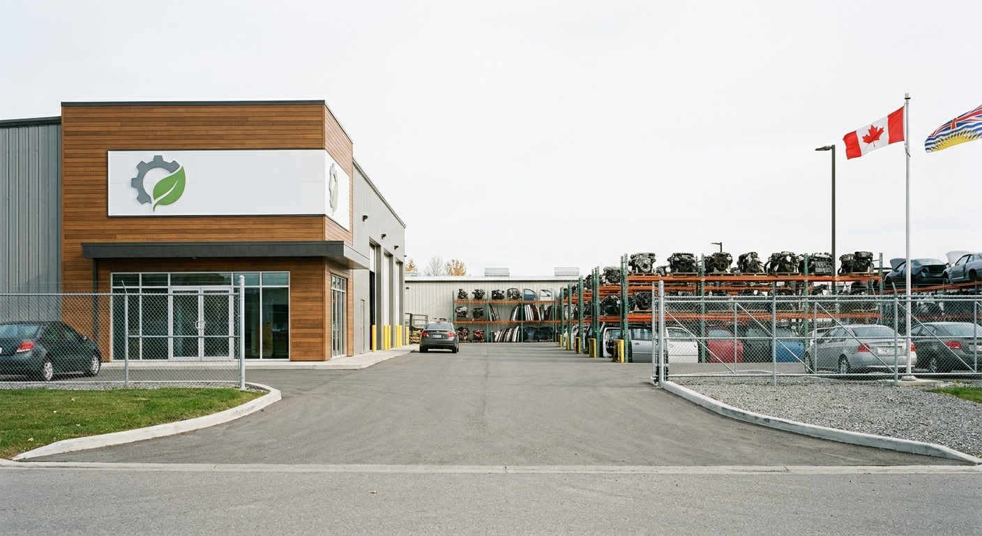 Clean parts warehouse at a certified Canadian auto recycling yard with racked and labelled inventory