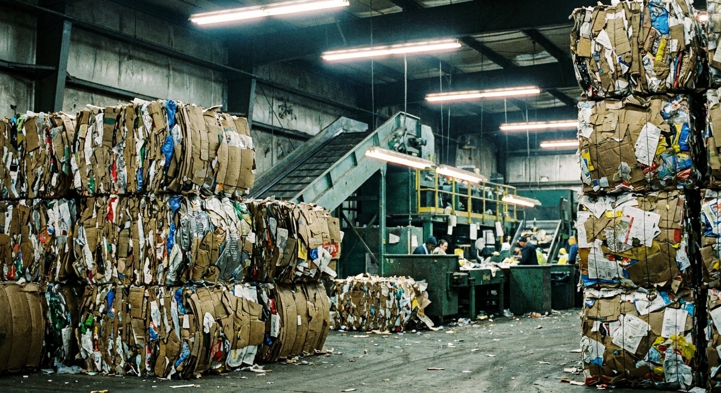 Baled recyclable material stacked at a material recovery facility awaiting export