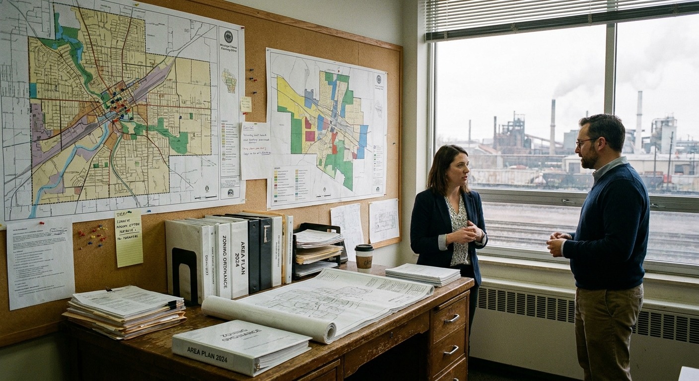 Municipal zoning meeting room with documents and a projected site plan