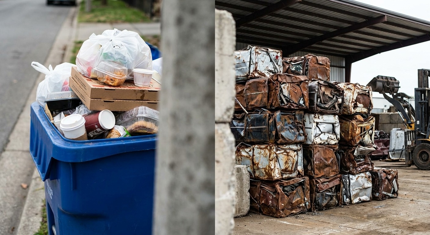 Blue bin overflowing with non-recyclable plastics