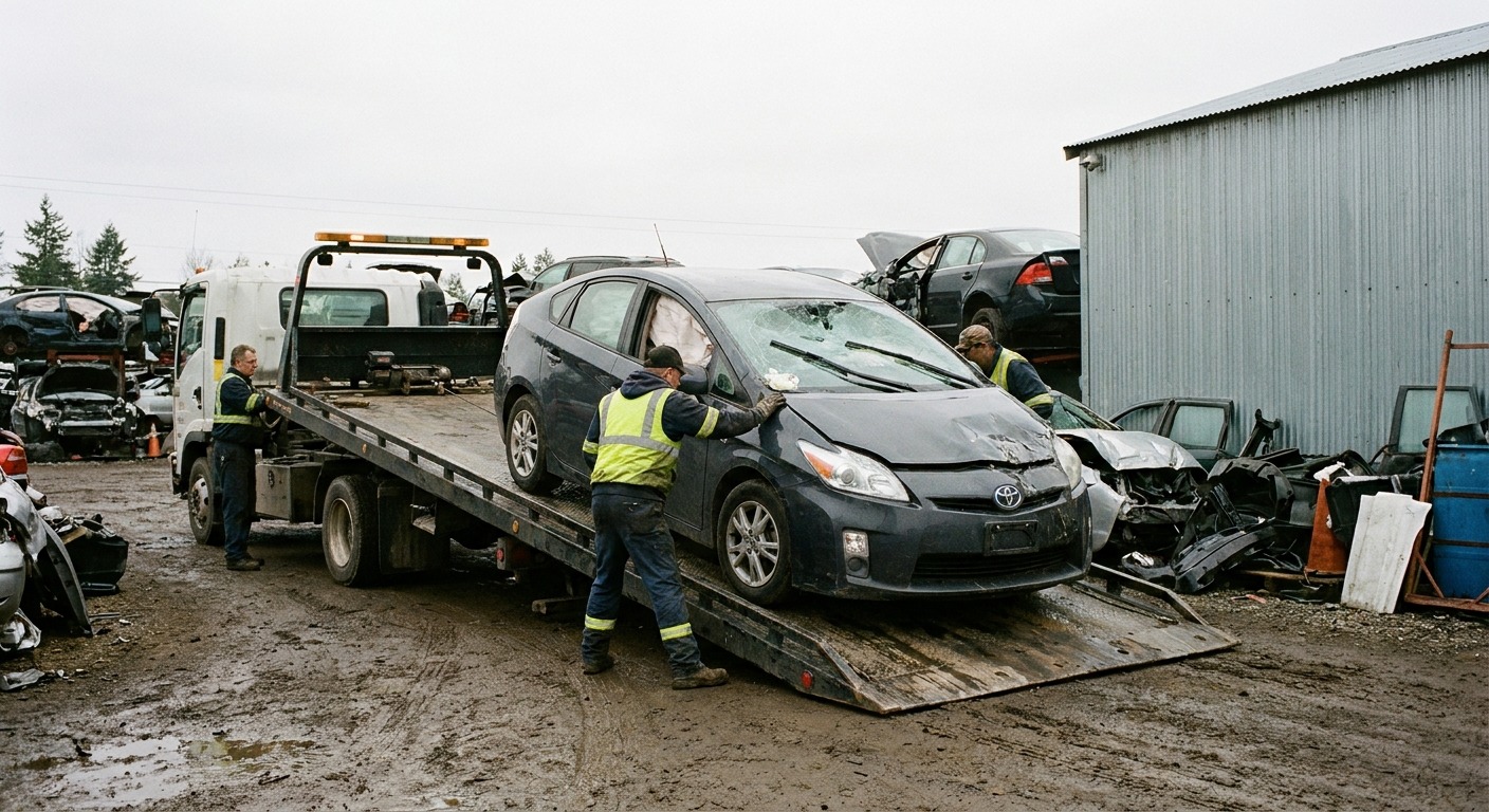 A tow truck delivering a wrecked sedan to a licensed Canadian auto recycling yard